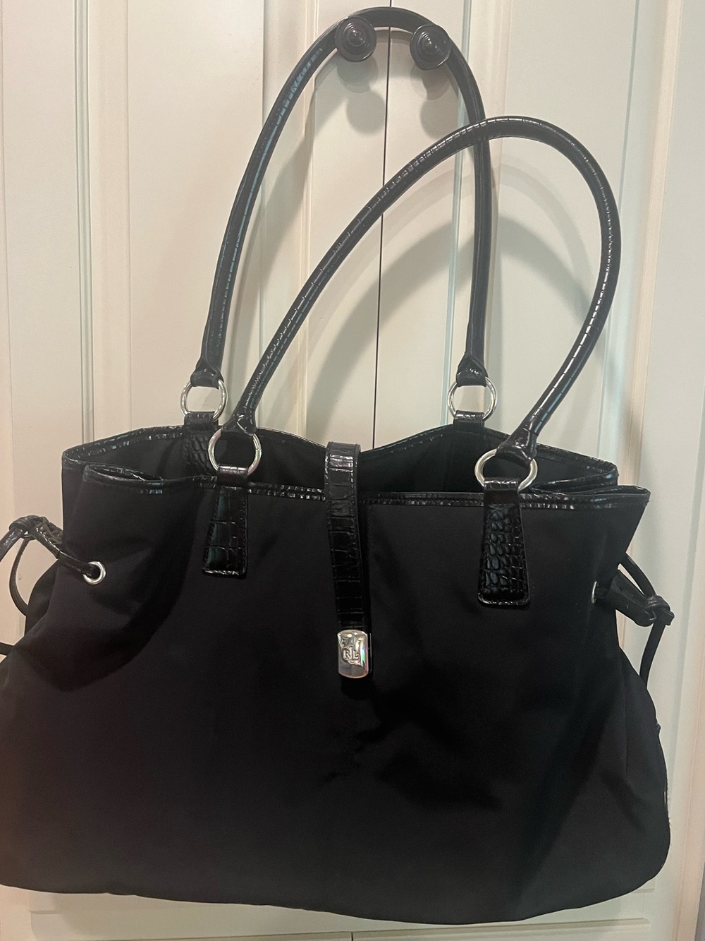 Lauren Ralph Lauren Black Tote with Croc-Accent Trim